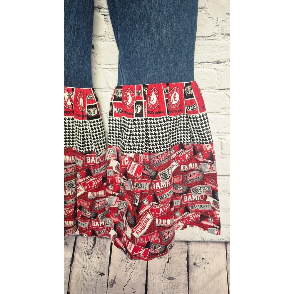 Roll Tide Alabama‎ Crimson Tide Ruffle Hem Denim Jeans Upcycled Fan Pants LG 12 - Picture 4 of 16